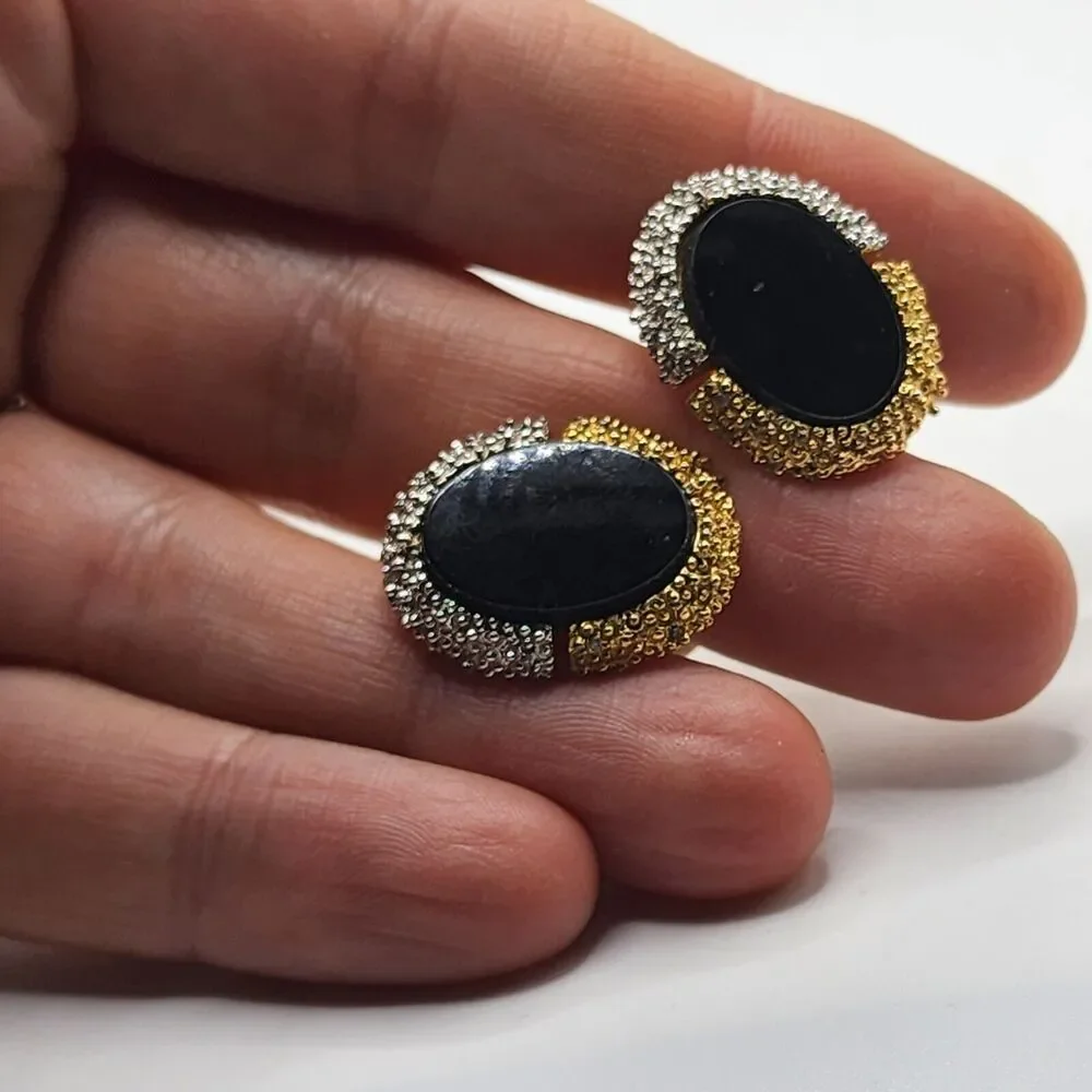 Vintage Cufflinks DANTE Cuff Links Black Onyx Stone Silver & Gold Two Tone Oval